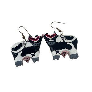 Handcrafted Bovine-Themed Dangle Earrings With Unique Black White Cow Design Whi